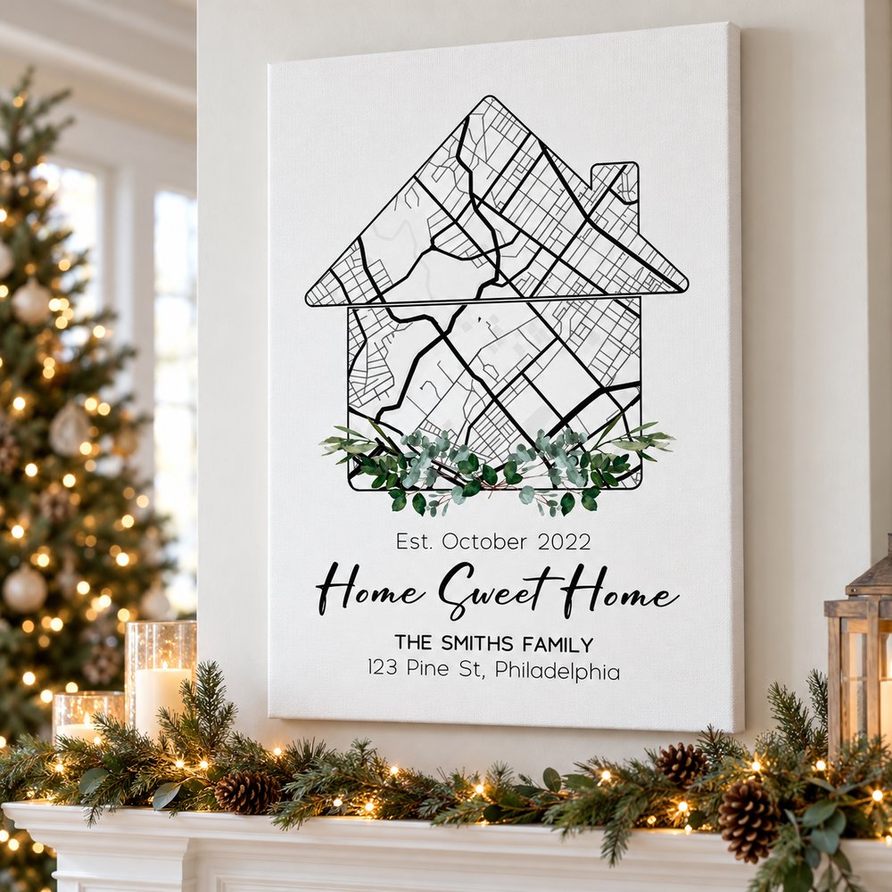 Custom Home Map canvas print hanging above a festive holiday mantel in a bright living room
