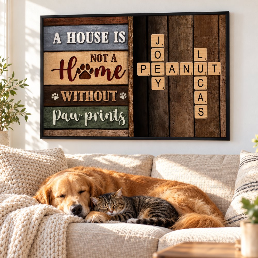 Home with paw prints personalized crossword canvas above sofa with dog and cat