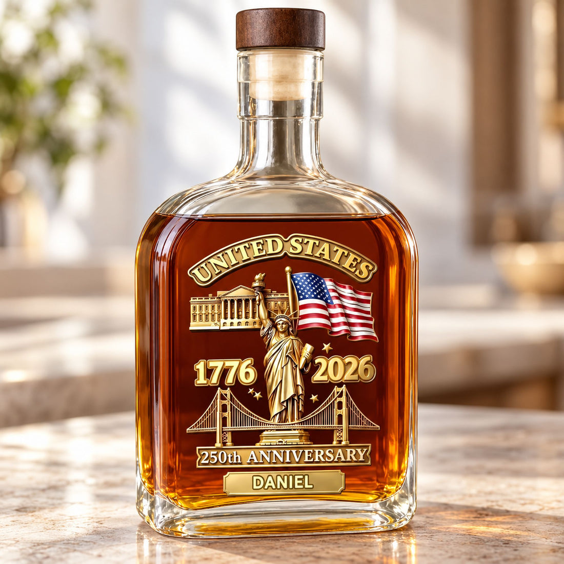 Close-up of the America 250th Anniversary UV print and custom name on the clear glass whiskey bottle