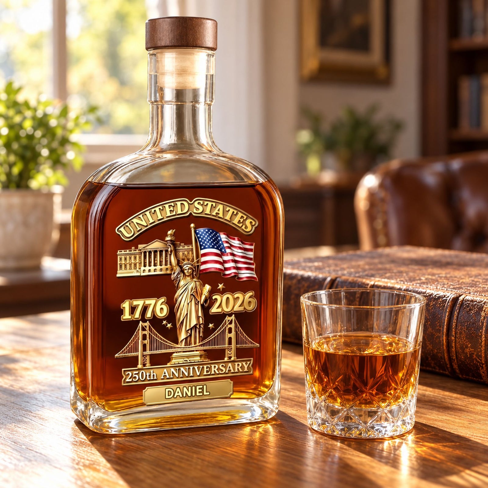 America 250th personalized whiskey bottle next to a rocks glass showing real bottle size