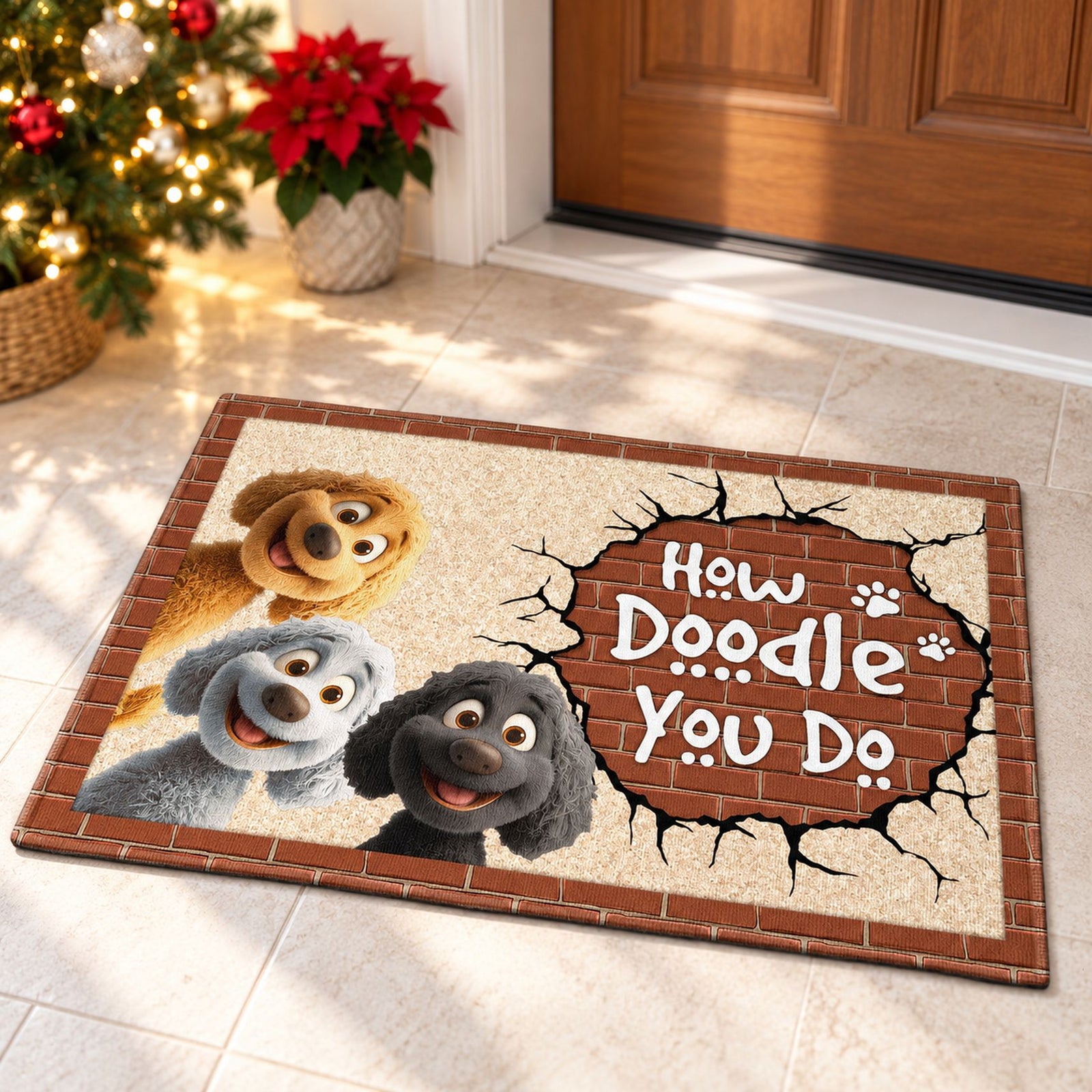 Personalized Goldendoodle Labradoodle doormat in a festive holiday entryway with Christmas decor