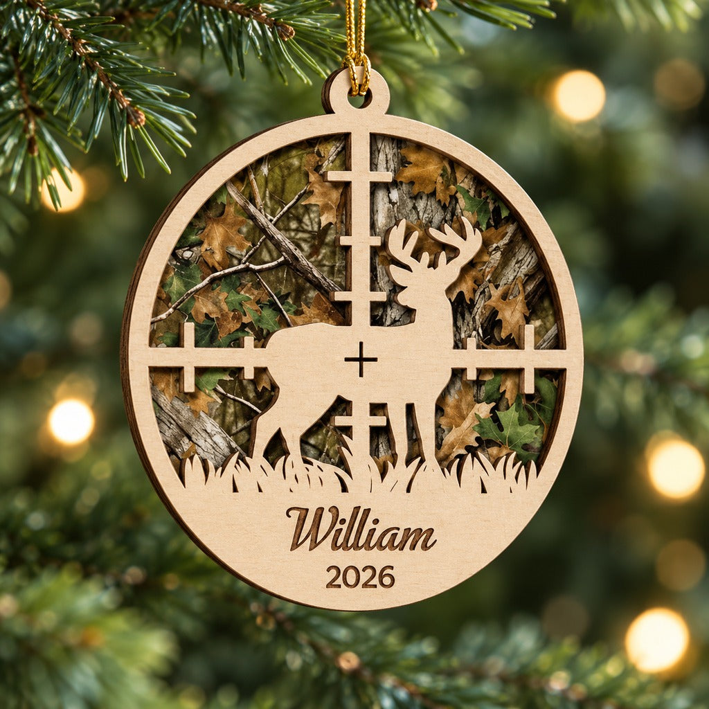 Macro closeup of personalized 2-layer wood hunting Christmas ornament showing laser cut buck crosshairs and camo layer