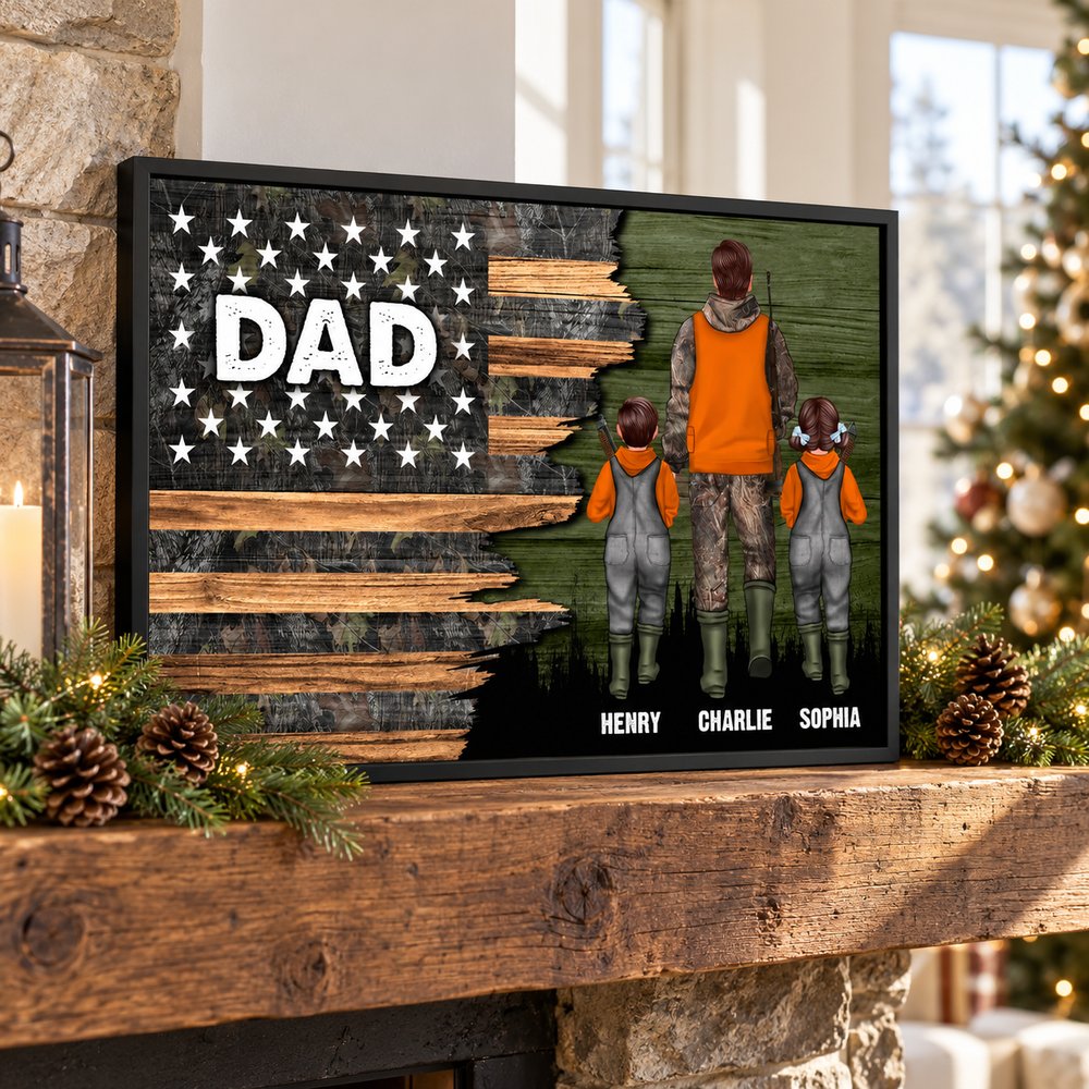 Personalized Hunting Dad half flag print on a rustic holiday fireplace mantel