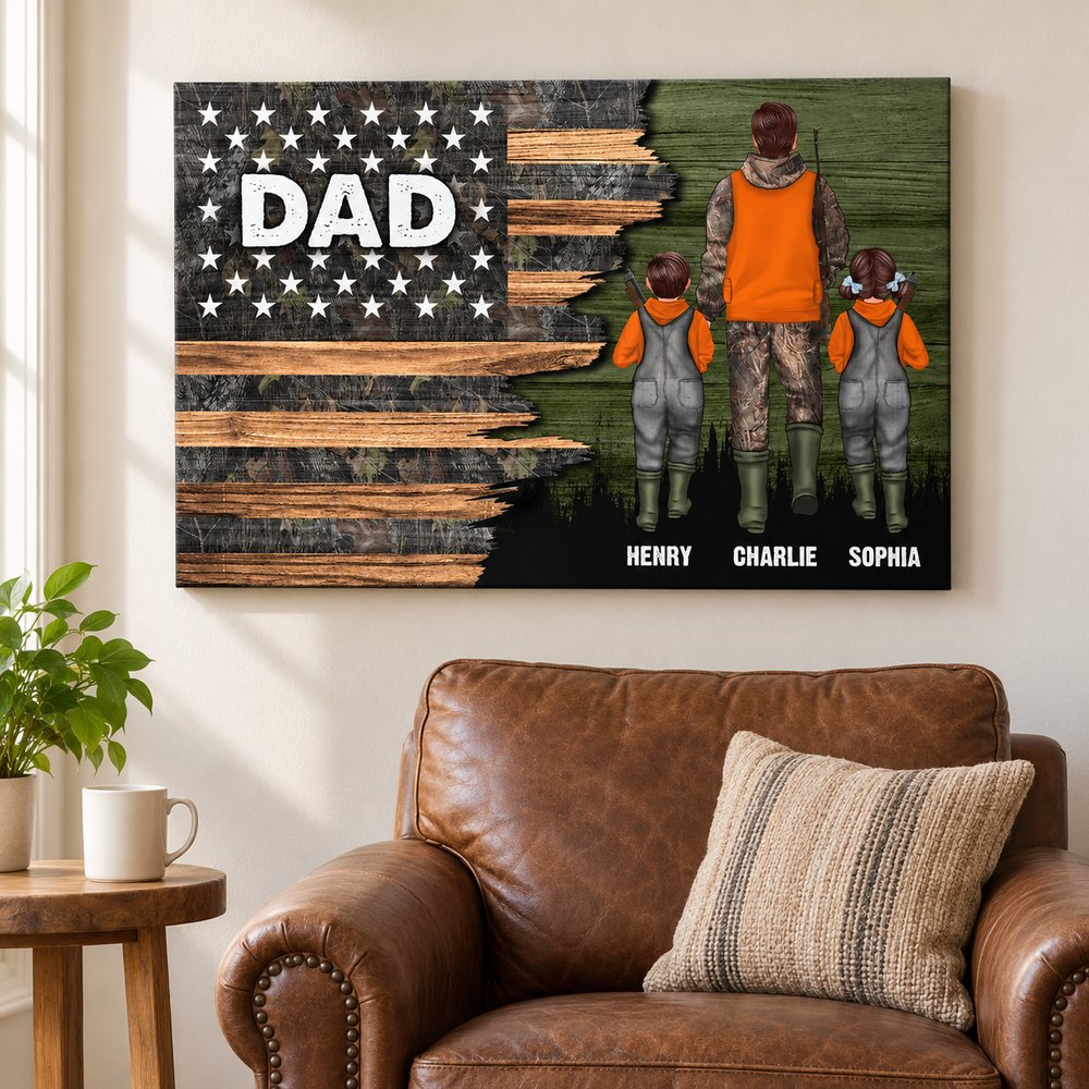 Hunting Dad and kids personalized wall art hanging above a leather armchair