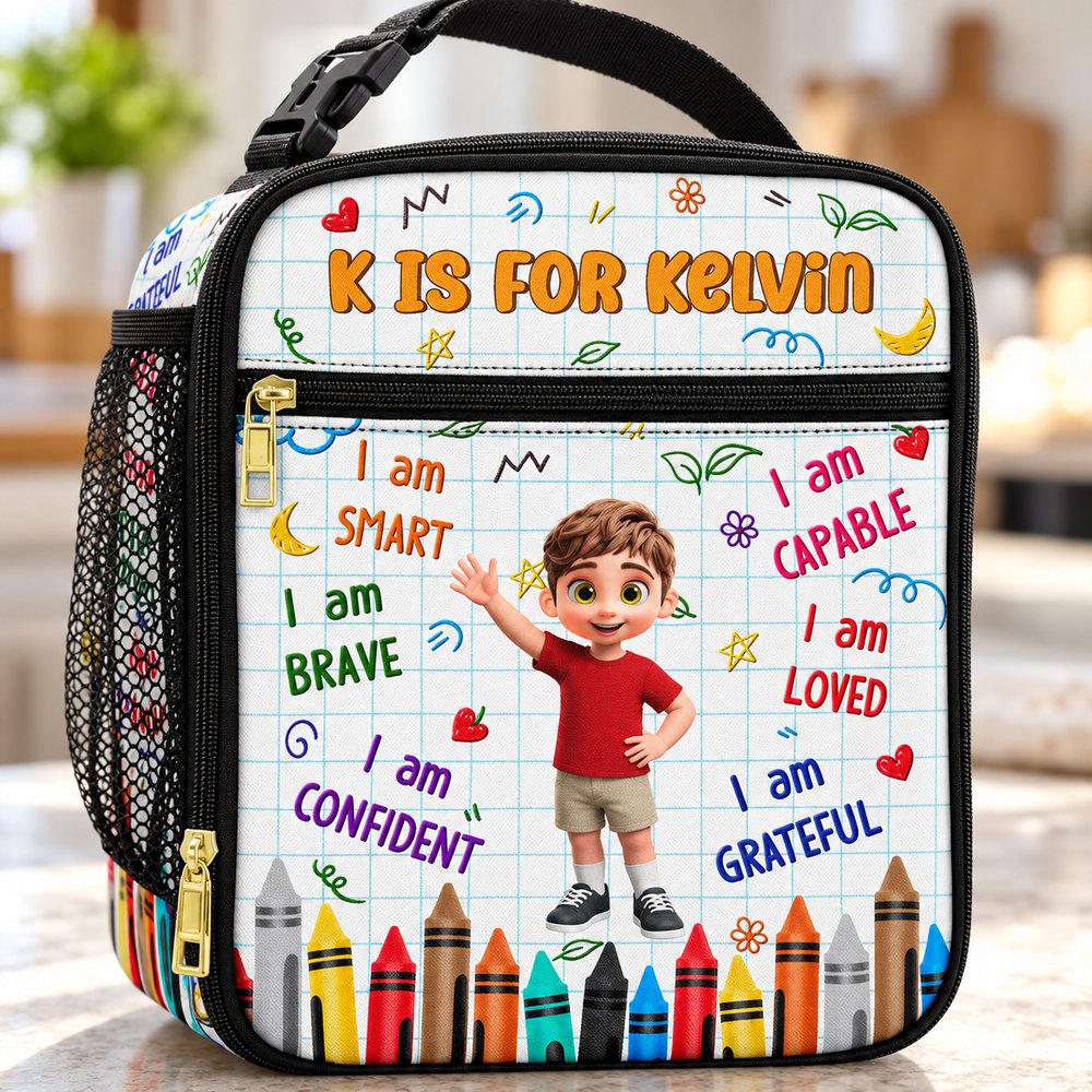 Close-up of personalized kids lunch bag fabric texture and gold-toned zipper pull