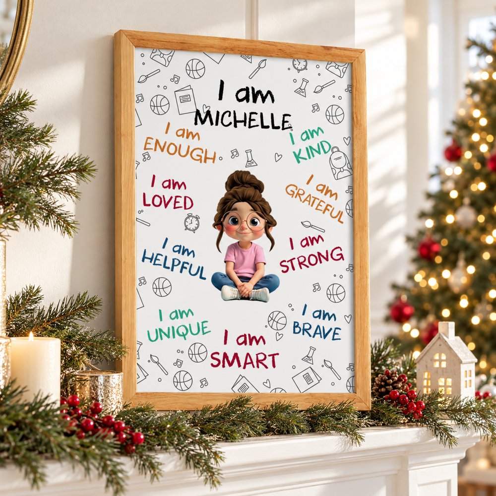 Personalized I Am Enough affirmation poster for daughter on a holiday mantel