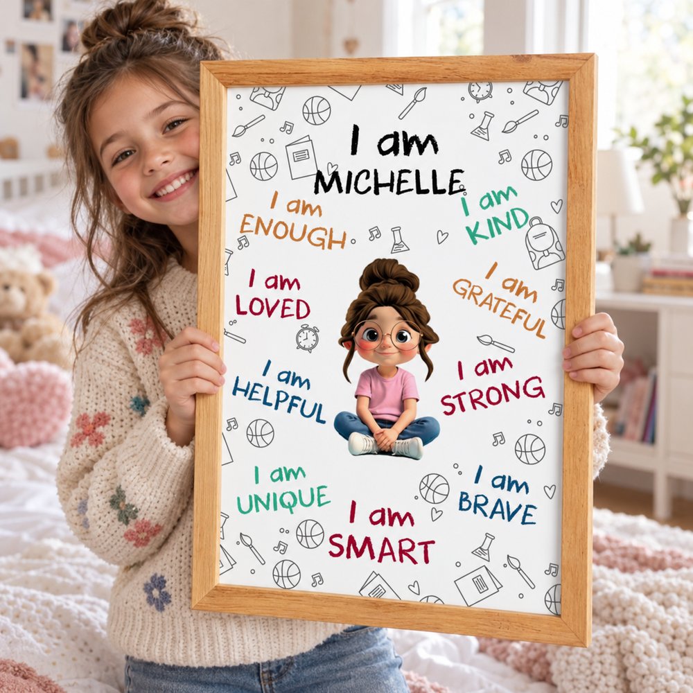 Young daughter holding her personalized I Am Enough framed poster gift