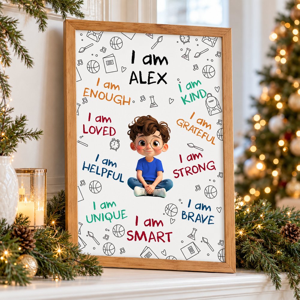 Personalized son affirmation framed print displayed by a Christmas tree for holiday gifting