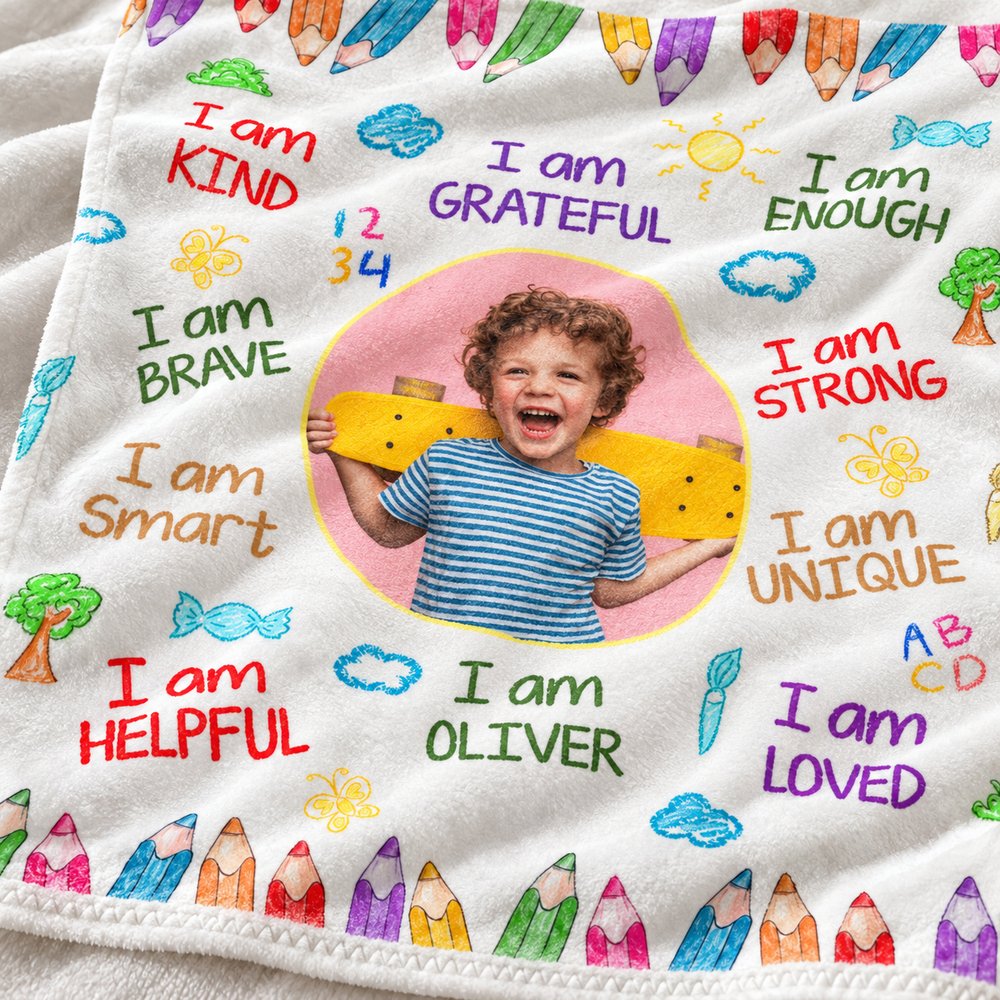 Close-up of soft fleece texture and colorful pencil print on kid affirmations blanket