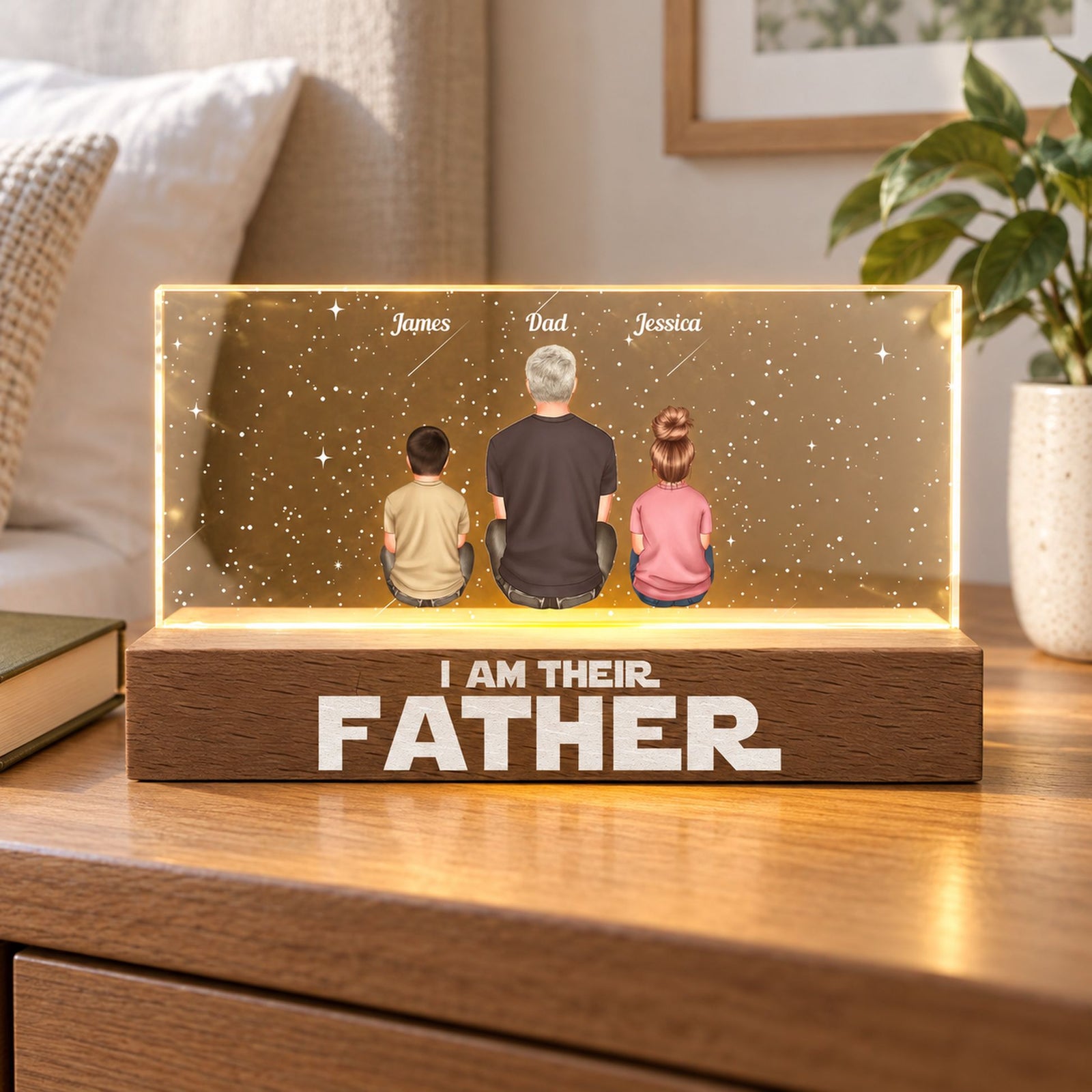 Personalized Father acrylic LED night light glowing on a bedroom nightstand