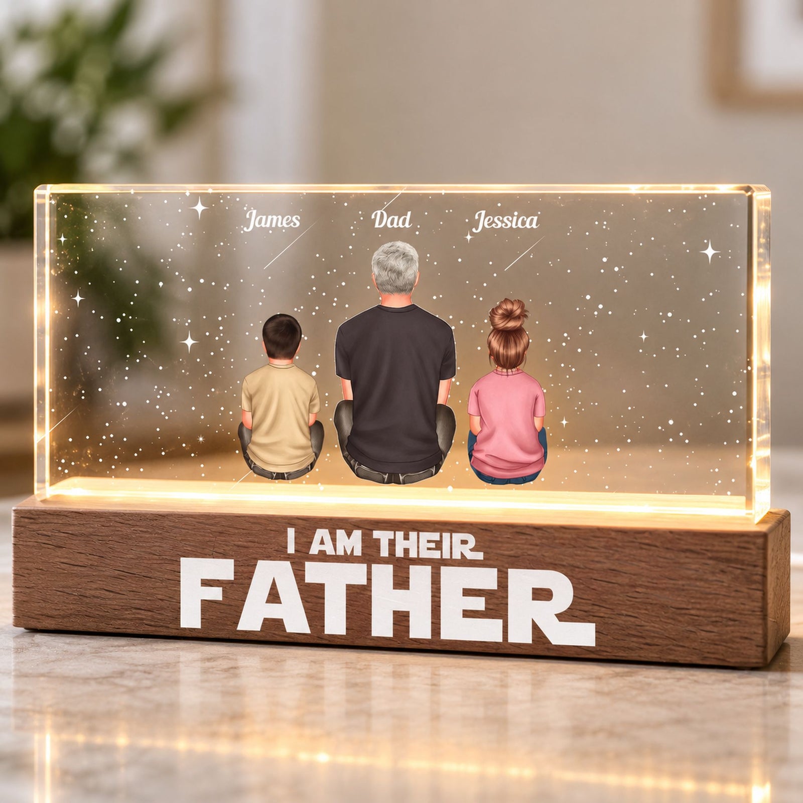 Close-up detail of UV print and wooden LED base on personalized dad night light