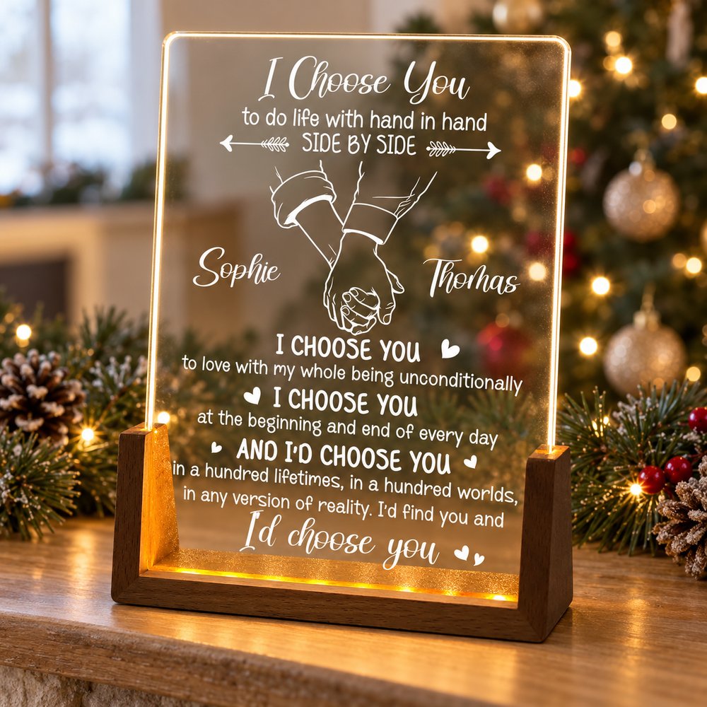 Personalized I Choose You couple LED night light on wooden mantel by holiday tree