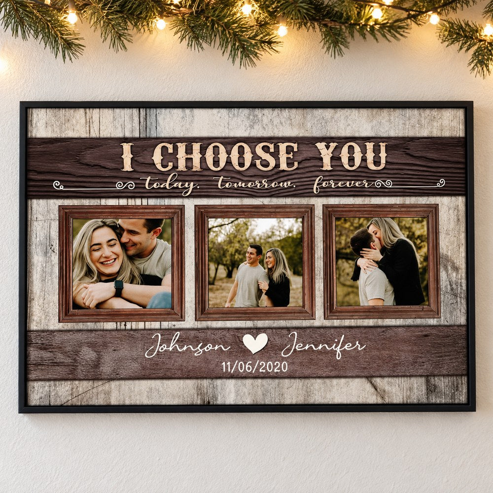 Custom photo couple I Choose You poster hanging on wall with festive garland and fairy lights