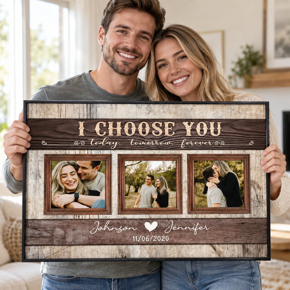 Happy husband and wife holding their personalized I Choose You couple photo canvas print