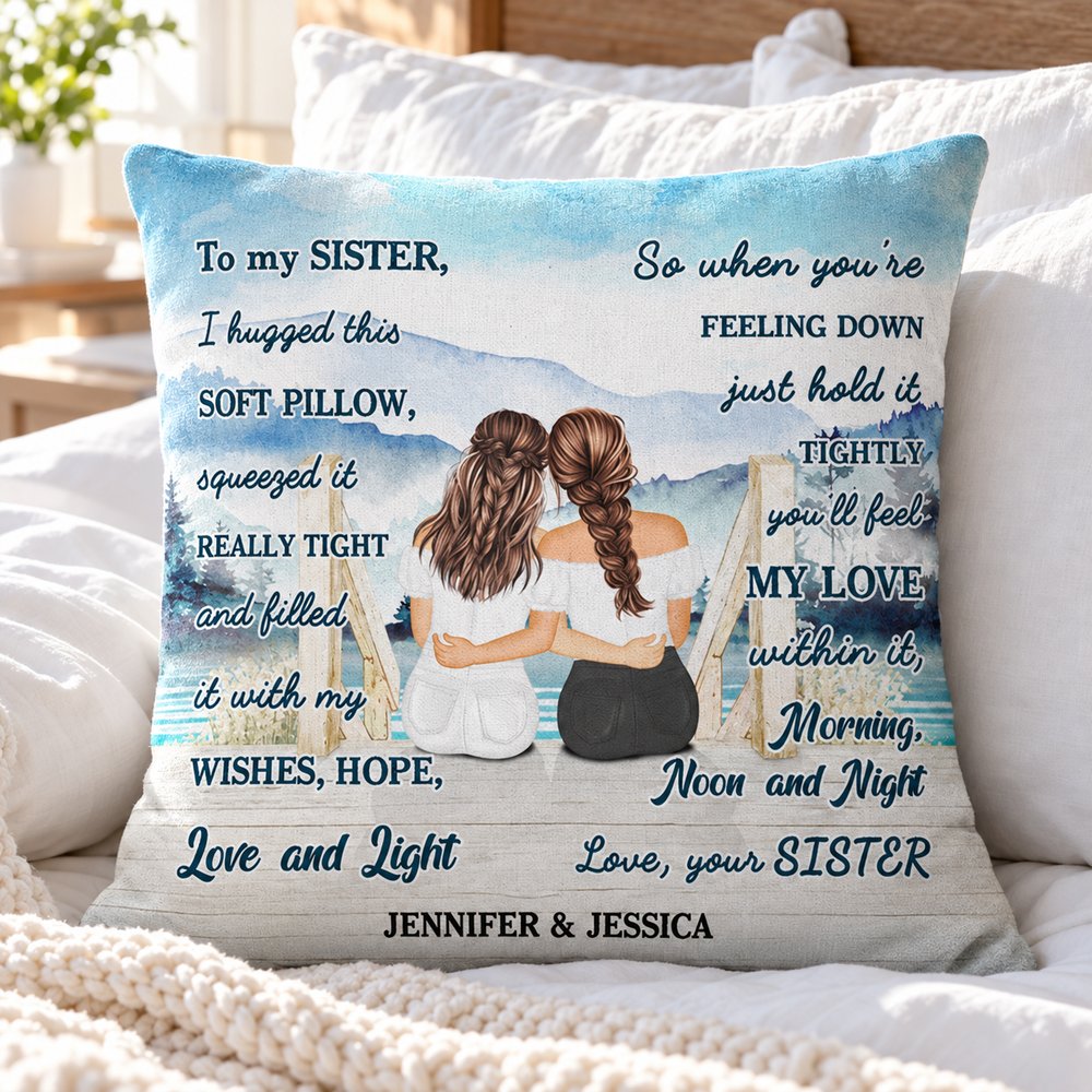 Custom bestie sister throw pillow styled on a bright cozy bed