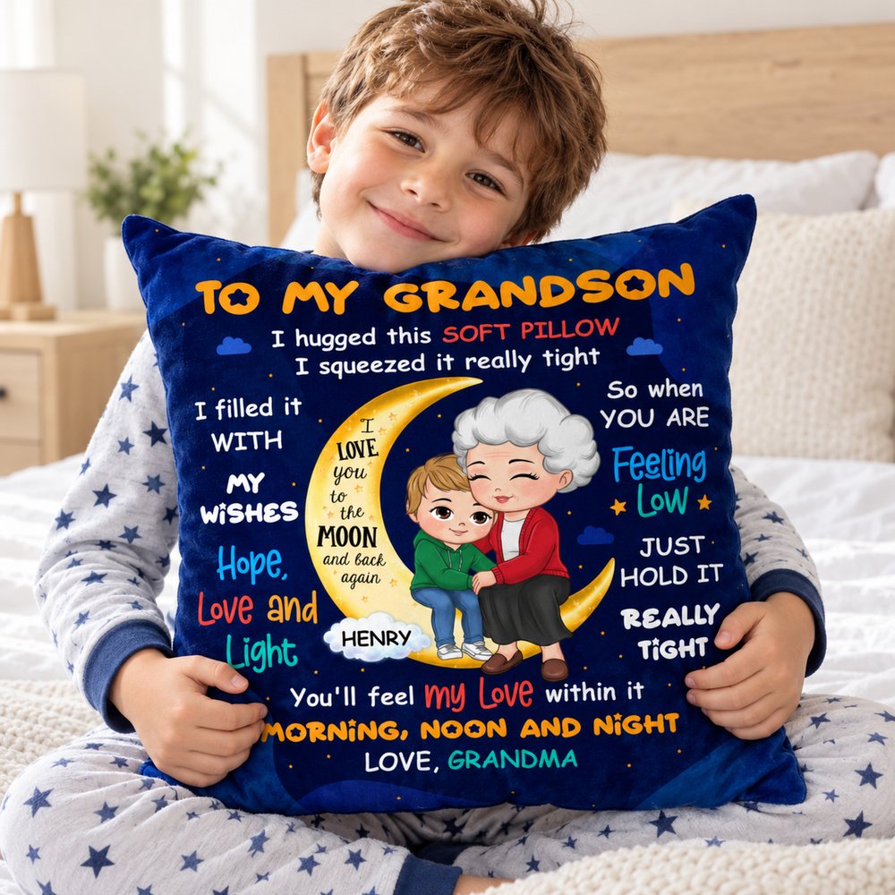 Young grandson hugging his personalized I Hugged This Soft Pillow On The Moon cushion