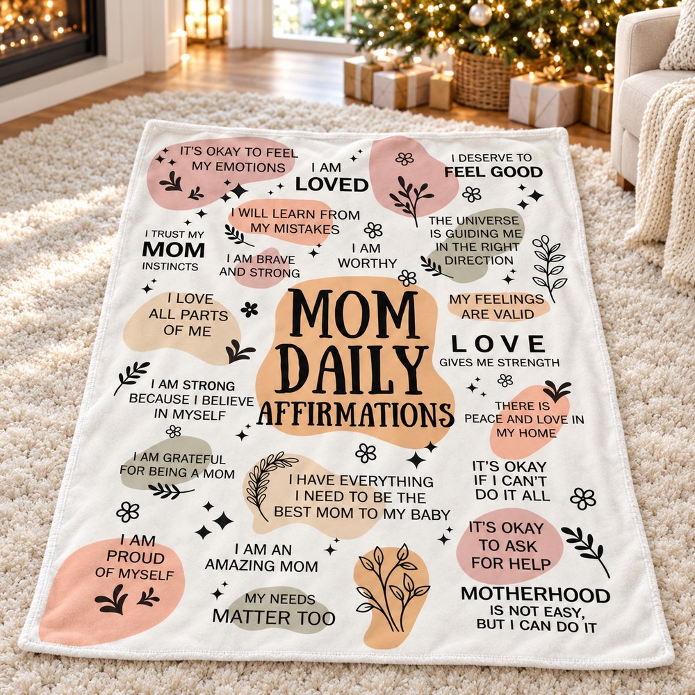 Folded Mom Daily Affirmations blanket by a Christmas tree in bright light