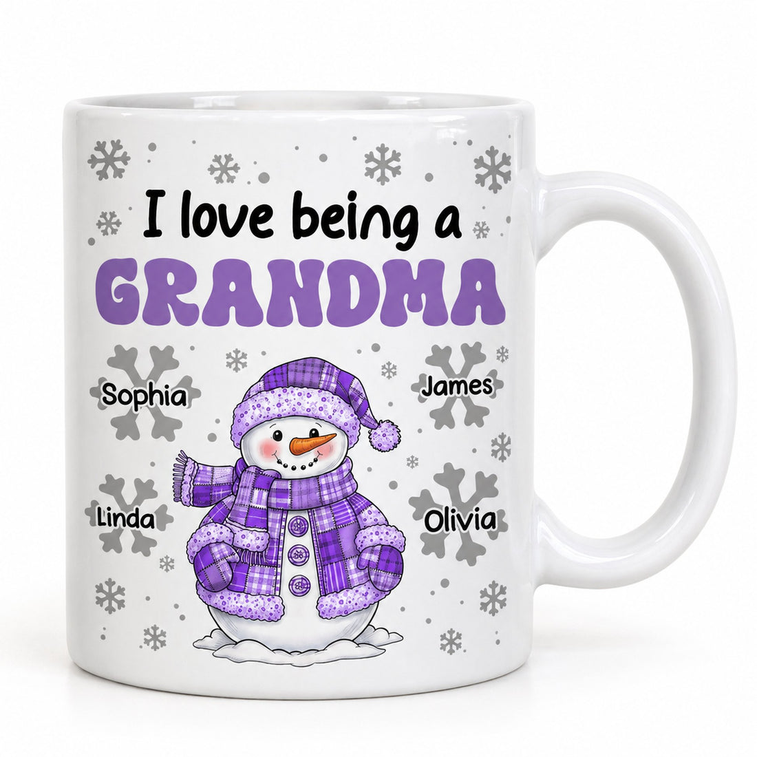 Close-up detail of the glossy ceramic print on the personalized Grandma snowman mug