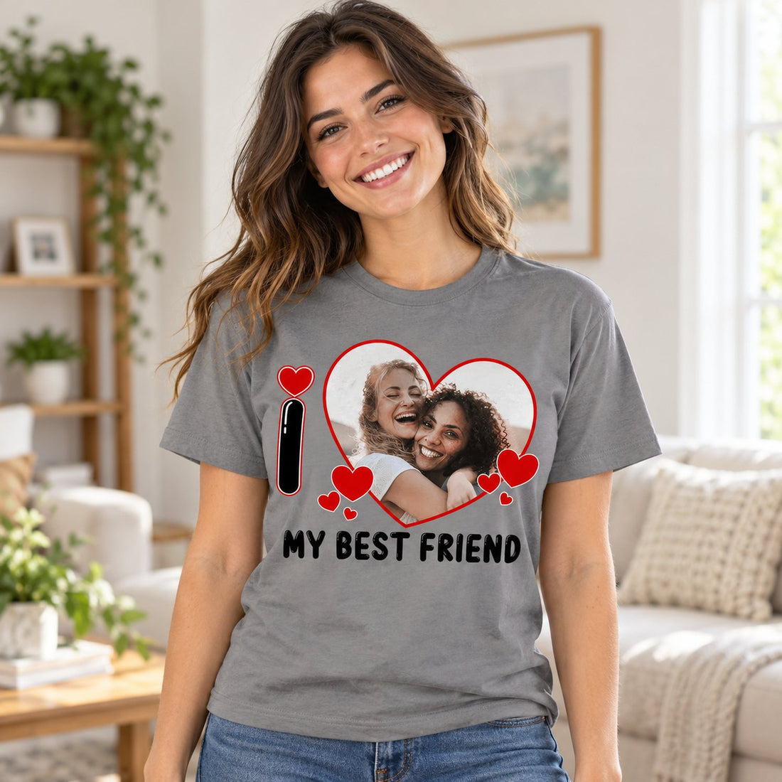 Woman wearing Custom Photo I Love My Best Friend grey t-shirt in a bright living room