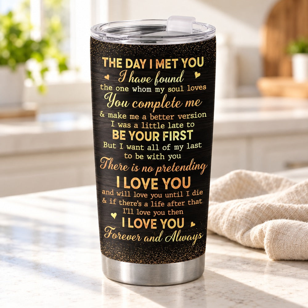 Back quote of personalized couple 20oz tumbler on bright kitchen counter