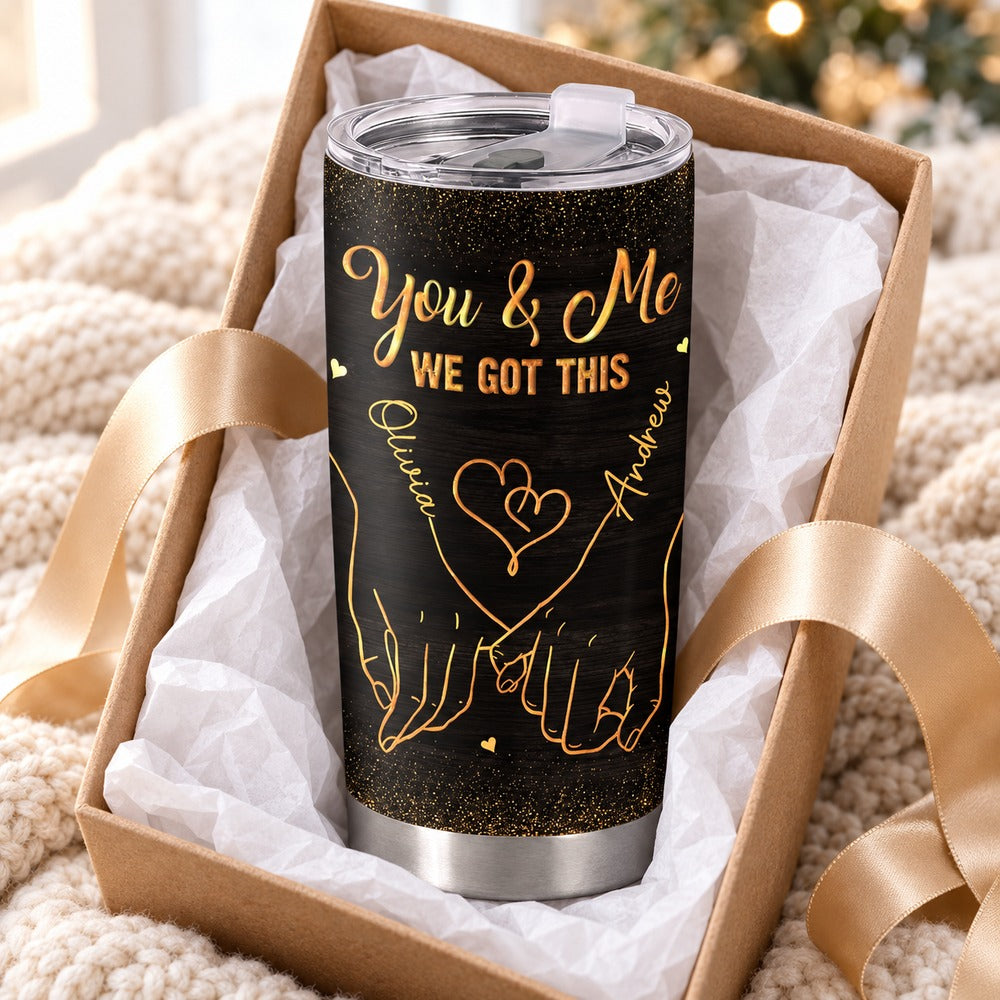Personalized couple 20oz tumbler in open gift box with ribbon and tissue paper