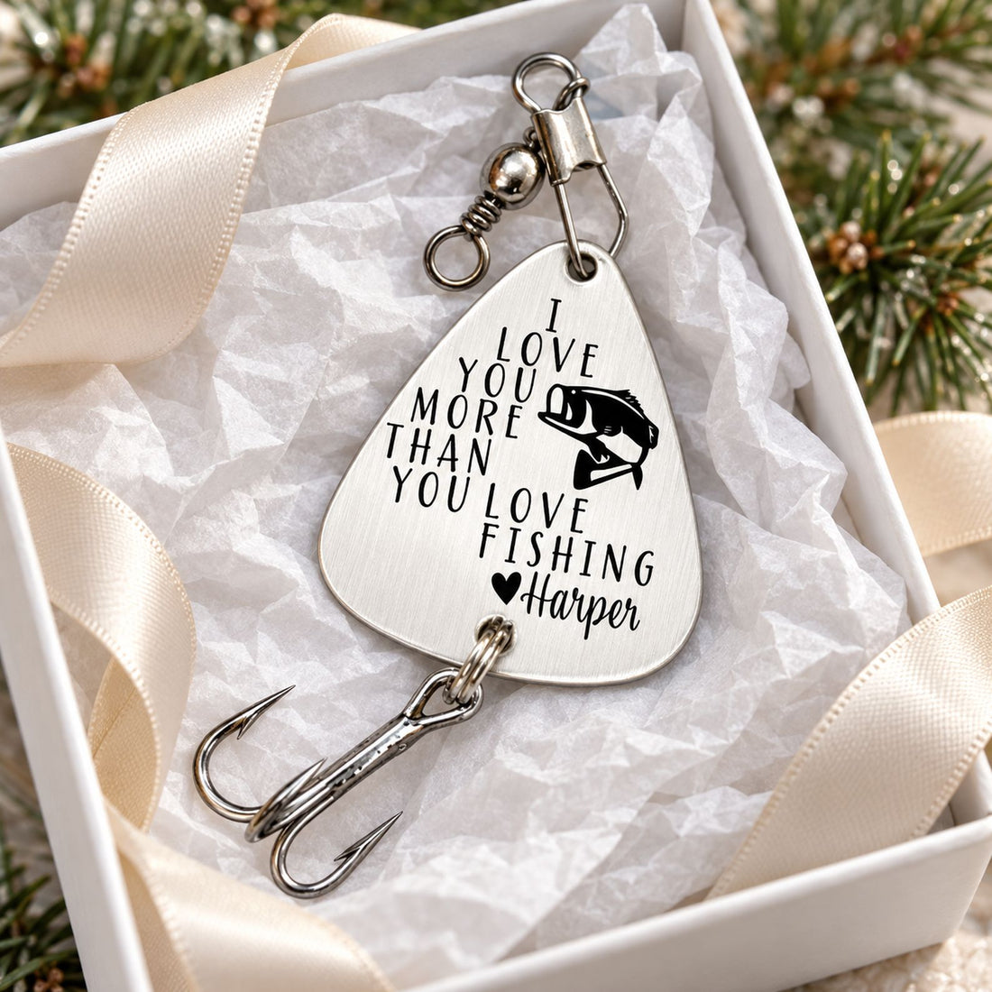 Personalized I Love You More Than You Love Fishing metal lure inside a small gift box with tissue paper