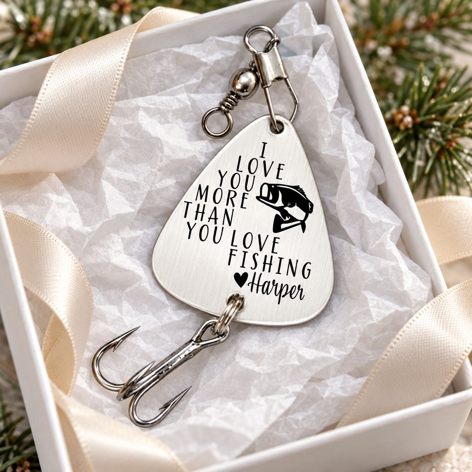 Personalized I Love You More Than You Love Fishing metal lure inside a small gift box with tissue paper