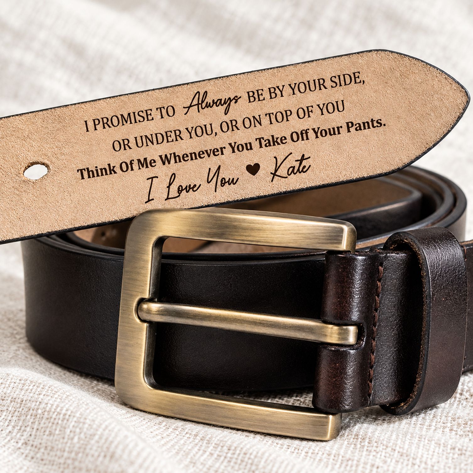 Macro closeup of laser engraved message on tan underside of custom leather belt