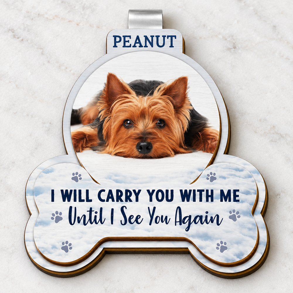 Close up detail of 2-layer wooden pet memorial car visor clip showing laser cut edges and print