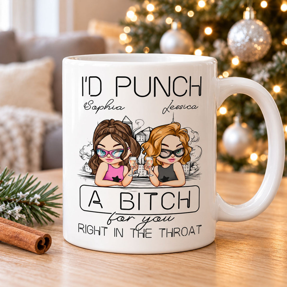 Personalized bestie mug on wooden table with Christmas tree in background