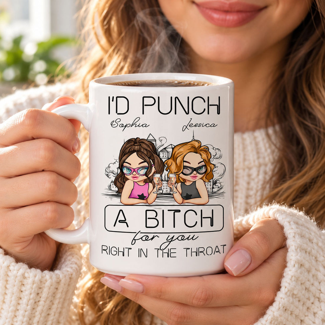 Woman in cozy sweater holding steaming personalized best friends coffee mug