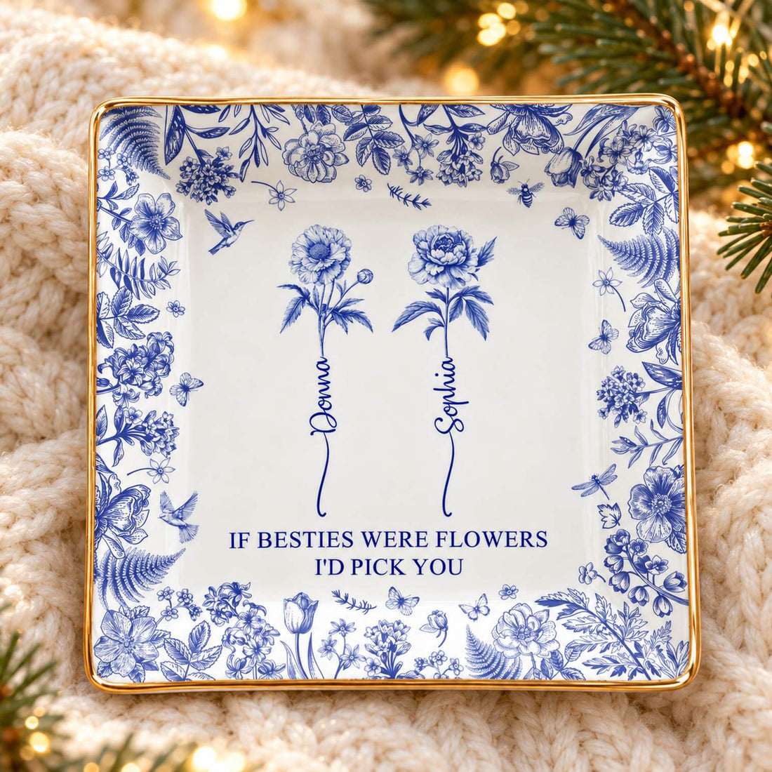 Personalized bestie floral square jewelry dish on cozy knit surface with soft holiday greenery