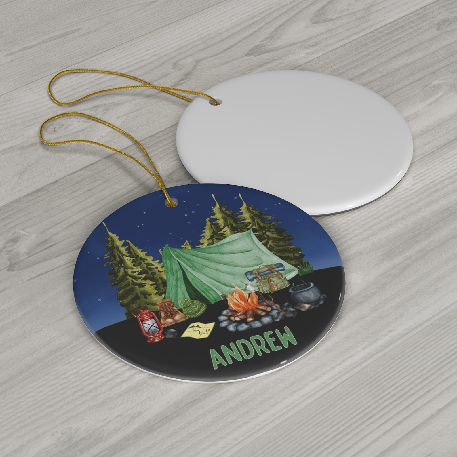 Camping Tent Christmas Ornament - Personalized Circle Ceramic Ornament - Christmas Gift For Camping Lovers
