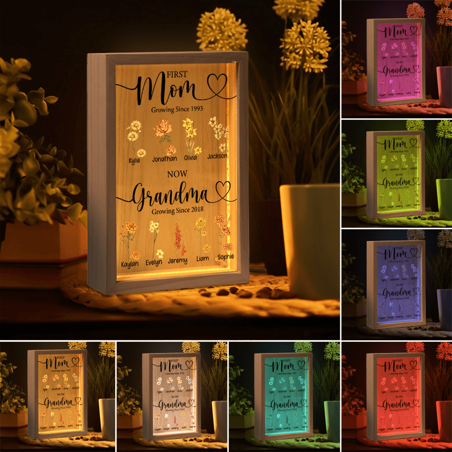 Custom Birth Month Flower First Mom Now Grandma - Personalized Frame Light Box - LED Night Lamp, Mother's Day, Birthday, Loving, Funny Keepsakes/Gift for Grandma/Nana/Mimi, Mom, Wife, Grandparent - Suzitee Store
