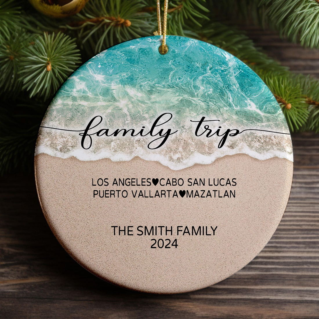 Personalized Family Beach Vacation circle ceramic ornament, alternate view 2