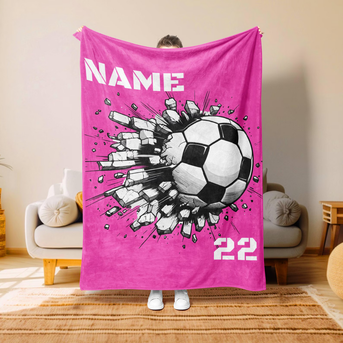 Custom Name & Number Soccer fleece blanket, product with name options