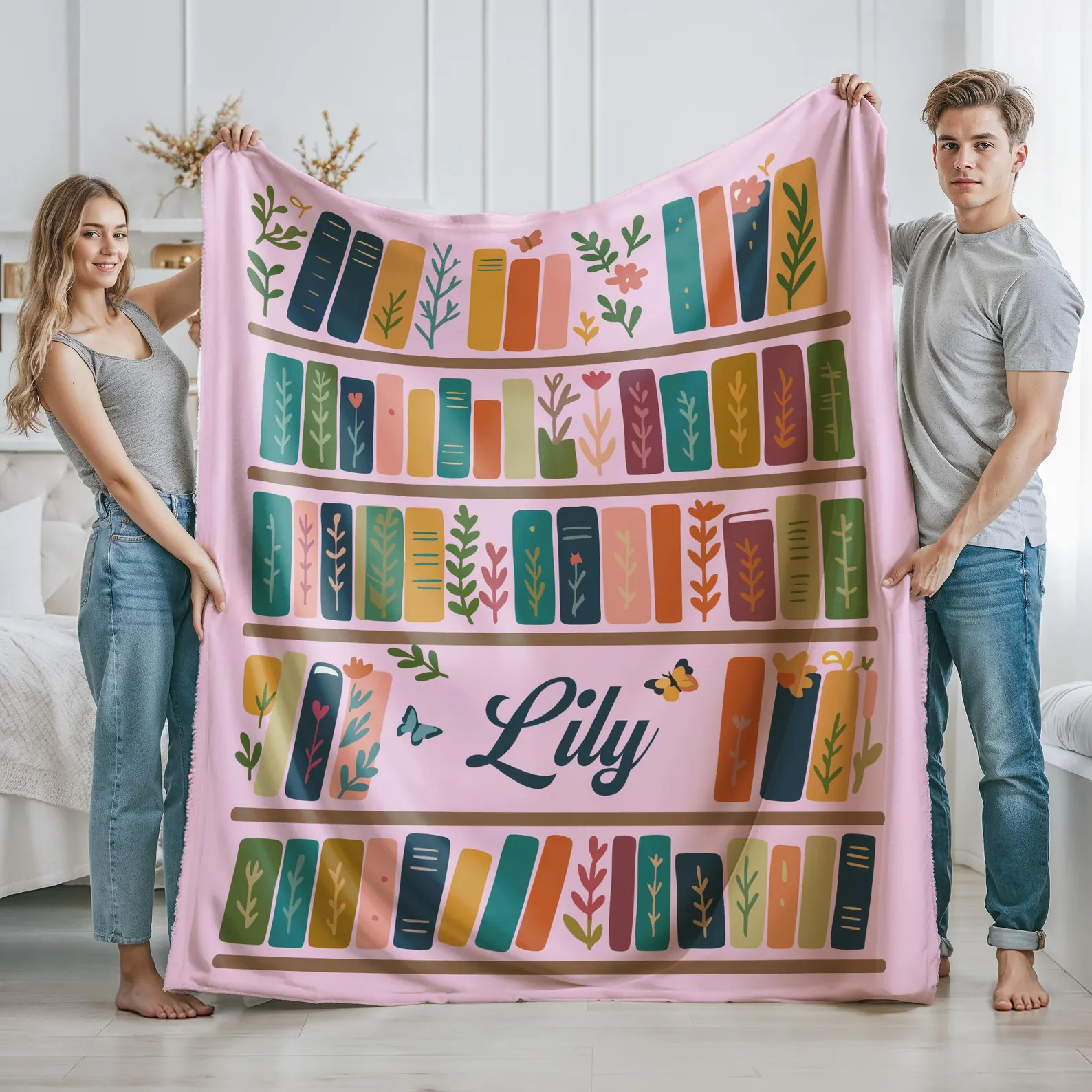 Custom Name Bookshelf - Personalized Custom Blanket - Gift For Book Lovers, Bookworms, Readers