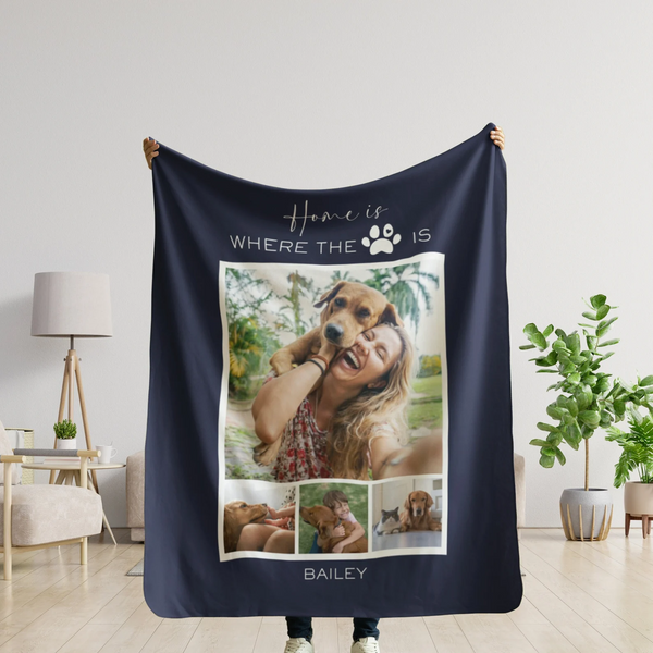 Custom Photo Home Is Where The Dog/Cat Is- Personalized Custom Blanket - Gift for Dog Lovers, Cat Lovers, Pet Lovers
