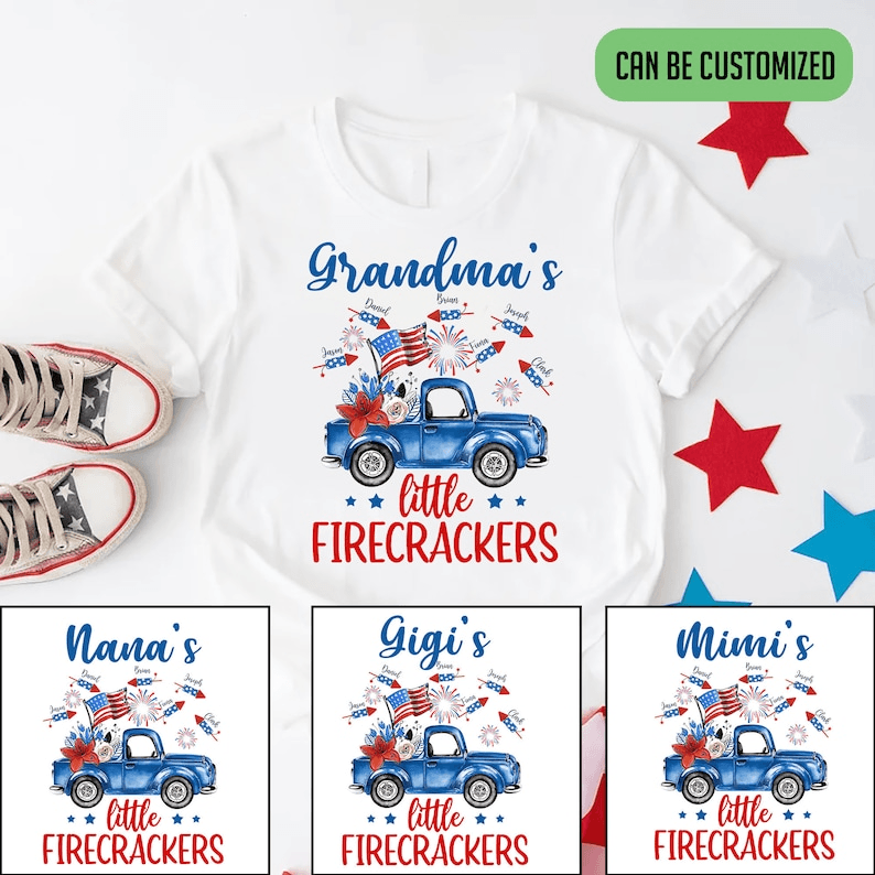 Grandma's Little Firecrackers 4th of July Patriotic - Personalized Custom T Shirt - Gift for Grandma/Nana/Mimi, Mom, Wife, Grandparent