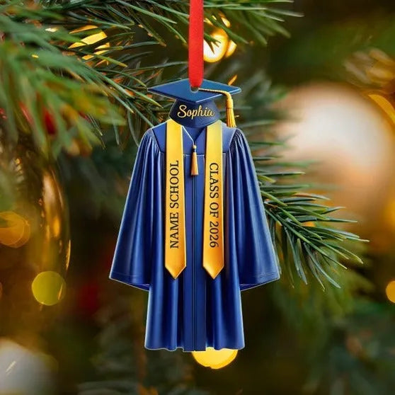 Graduation gown and cap acrylic ornament with school name, alternate view 5