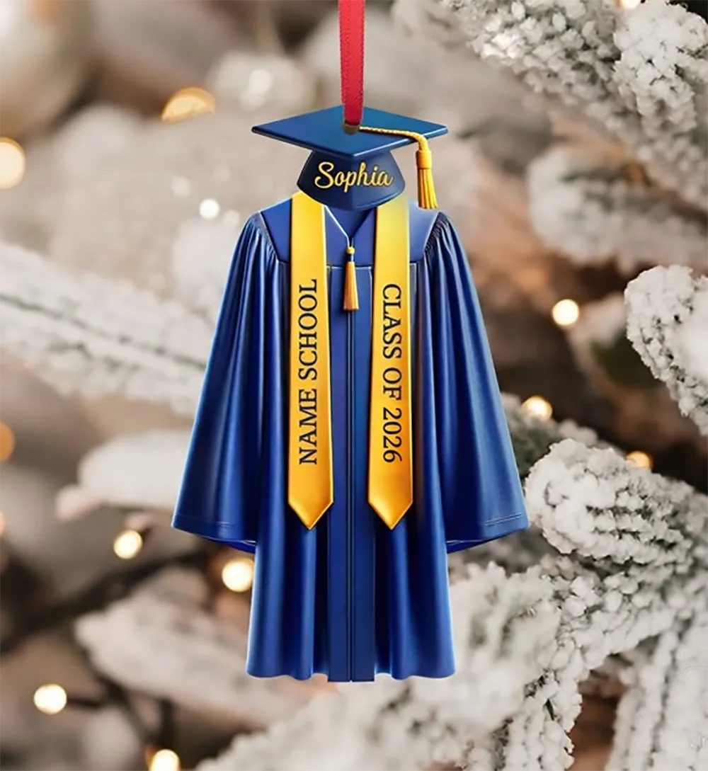 Graduation gown and cap acrylic ornament with school name, main view