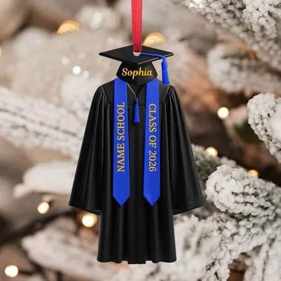 Graduation gown and cap acrylic ornament with school name, alternate view 3