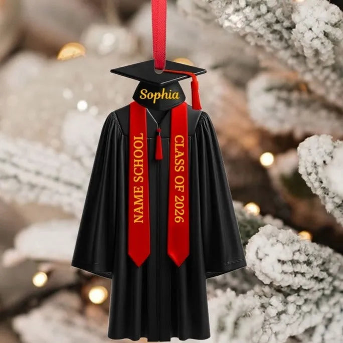 Graduation gown and cap acrylic ornament with school name, alternate view 4