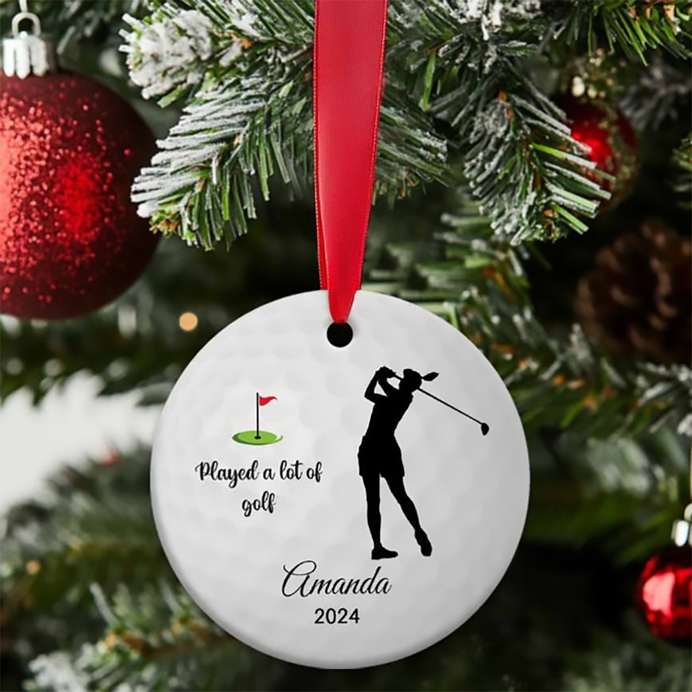 Personalized Funny Golf Gift Played A Lot Of Golf circle ceramic ornament, alternate view 2