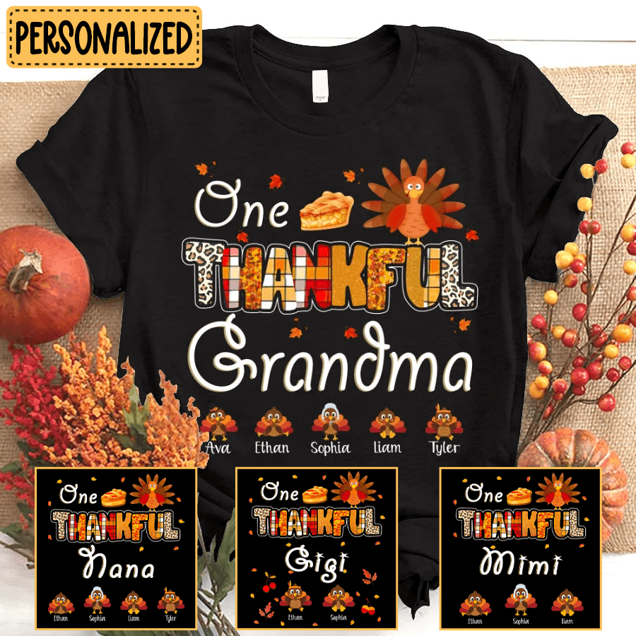Up to 19 Kids - One Thankful Grandma Little Turkeys - Personalized Custom T Shirt - Thanksgiving, Birthday, Loving, Funny Gift for Grandma/Grandparent 1