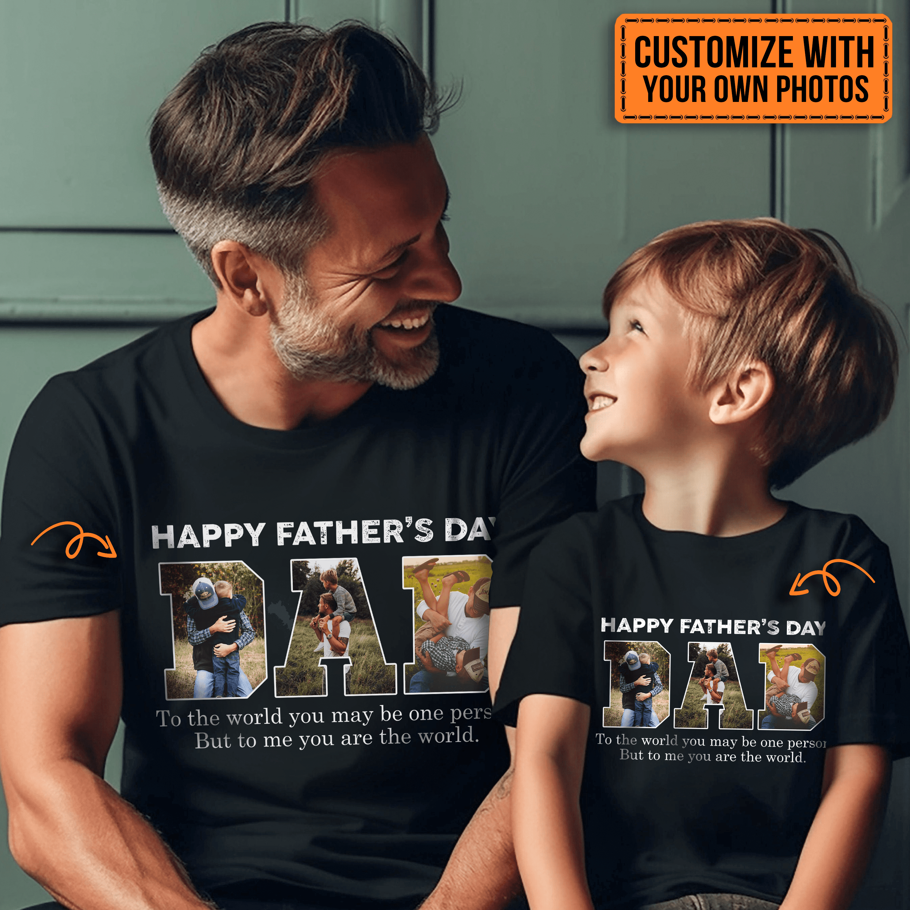 Custom Photo - Happy Fathers' Day. To Me You Are The World - Funny Fathers Day Personalized Custom T Shirt - Birthday, Loving, Funny Gift for Grandfather/Dad/Father, Husband, Grandparent