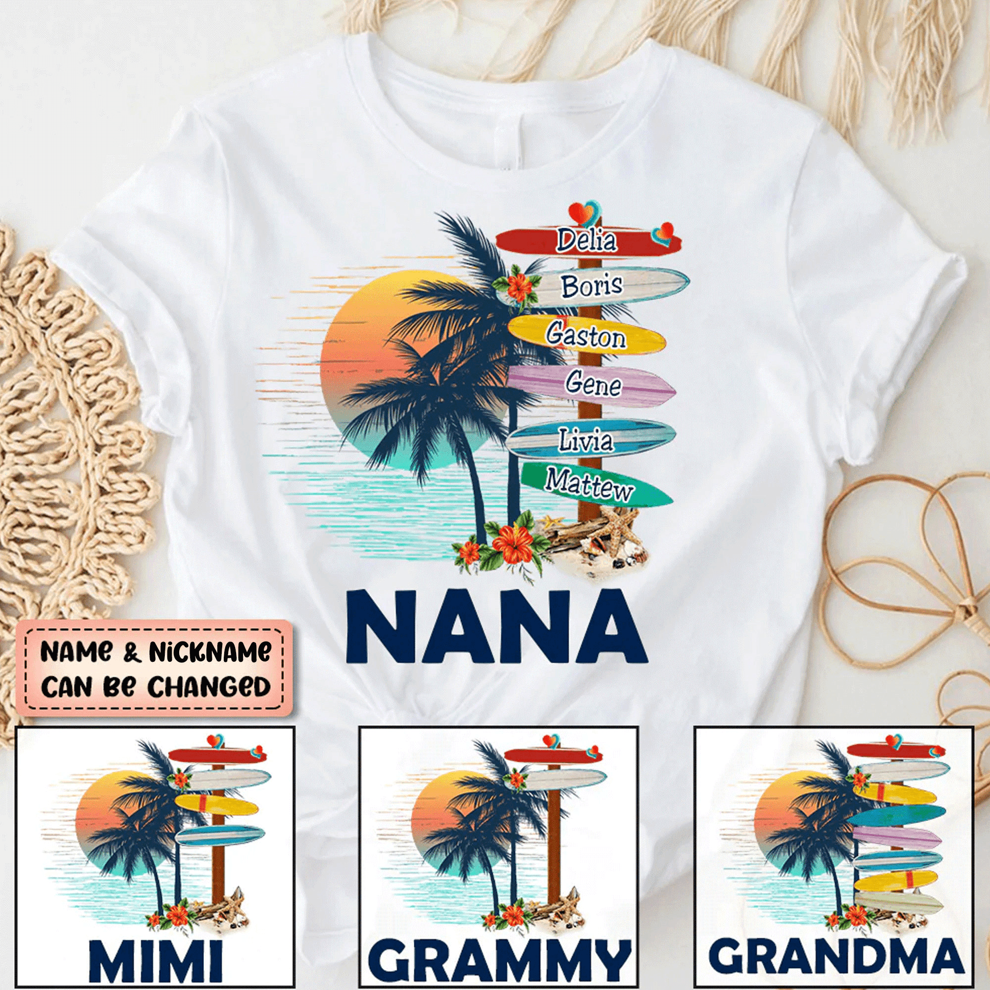 Grandma Surfboards Summer Vacation - Personalized Custom T Shirt - Summer Gift for Grandma/Nana/Mimi, Mom, Wife, Grandparent - Suzitee Store