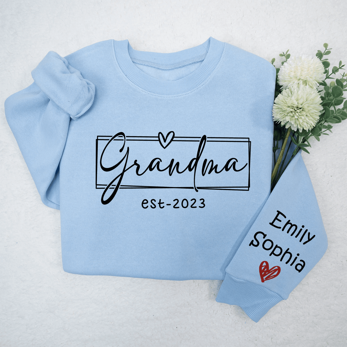 Grandma Est.2024 - Personalized Custom Sleeve Printed Sweater/Crewneck Sweatshirt - Mother's Day, Birthday, Loving, Funny Gift for Grandma/Nana/Mimi, Mom, Wife, Grandparent, Kids Names on Sleeve Sweater | Up to 5 Kids - Suzitee Store