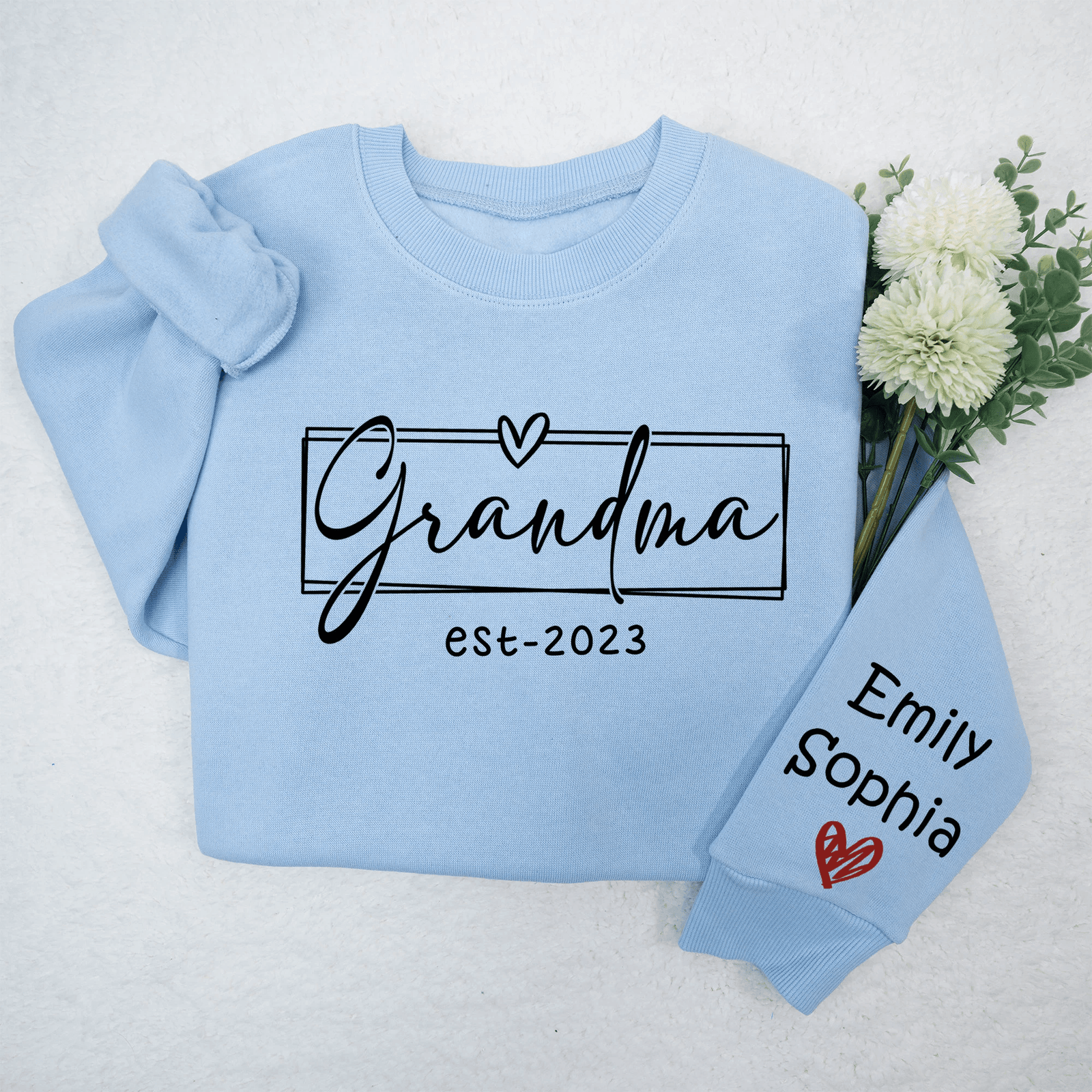 Grandma Est.2024 - Personalized Custom Sleeve Printed Sweater/Crewneck Sweatshirt - Mother's Day, Birthday, Loving, Funny Gift for Grandma/Nana/Mimi, Mom, Wife, Grandparent, Kids Names on Sleeve Sweater | Up to 5 Kids - Suzitee Store