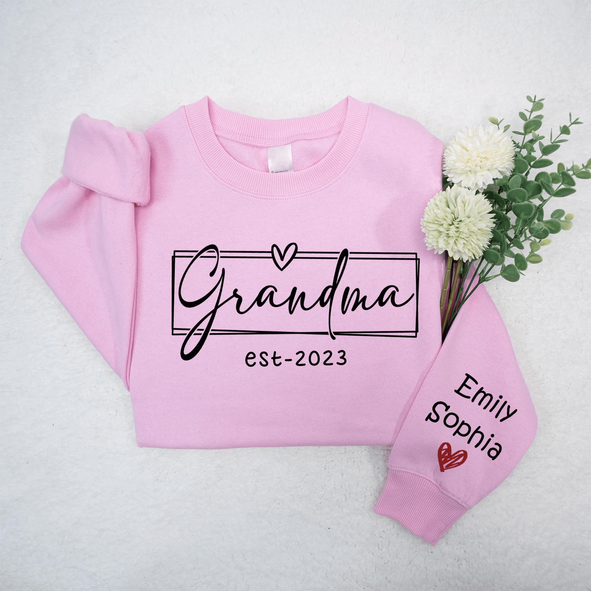 Grandma Est.2024 - Personalized Custom Sleeve Printed Sweater/Crewneck Sweatshirt - Mother's Day, Birthday, Loving, Funny Gift for Grandma/Nana/Mimi, Mom, Wife, Grandparent, Kids Names on Sleeve Sweater | Up to 5 Kids - Suzitee Store